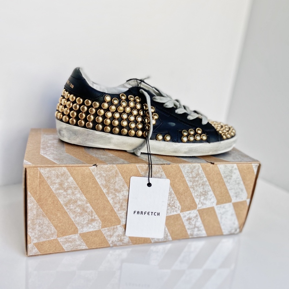 ISO—Golden Goose Superstar Black Gold Studded Sneakers